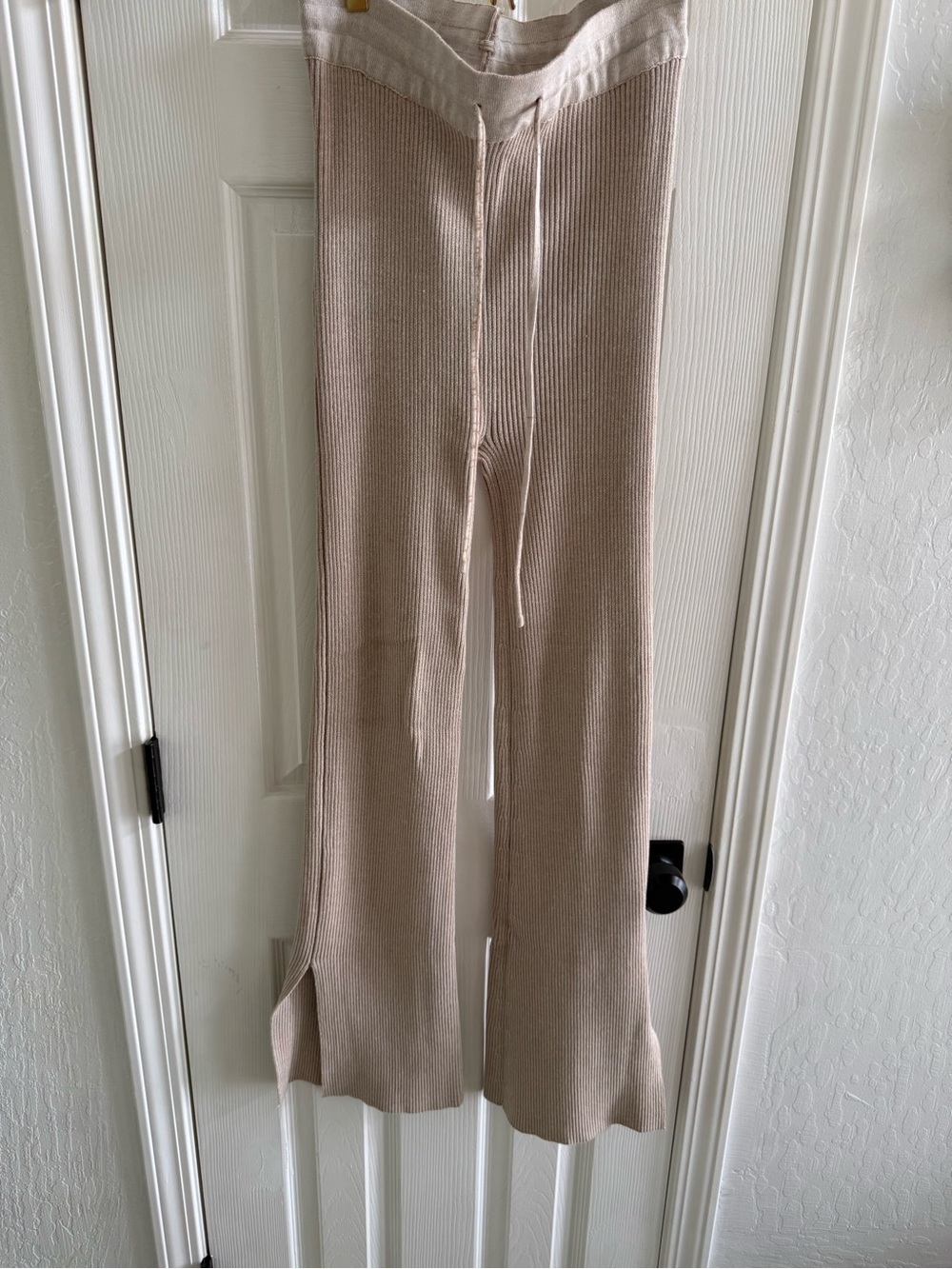 JLUXLABEL Beige Ribbed Knit Drawstring Trousers with Side Slits
